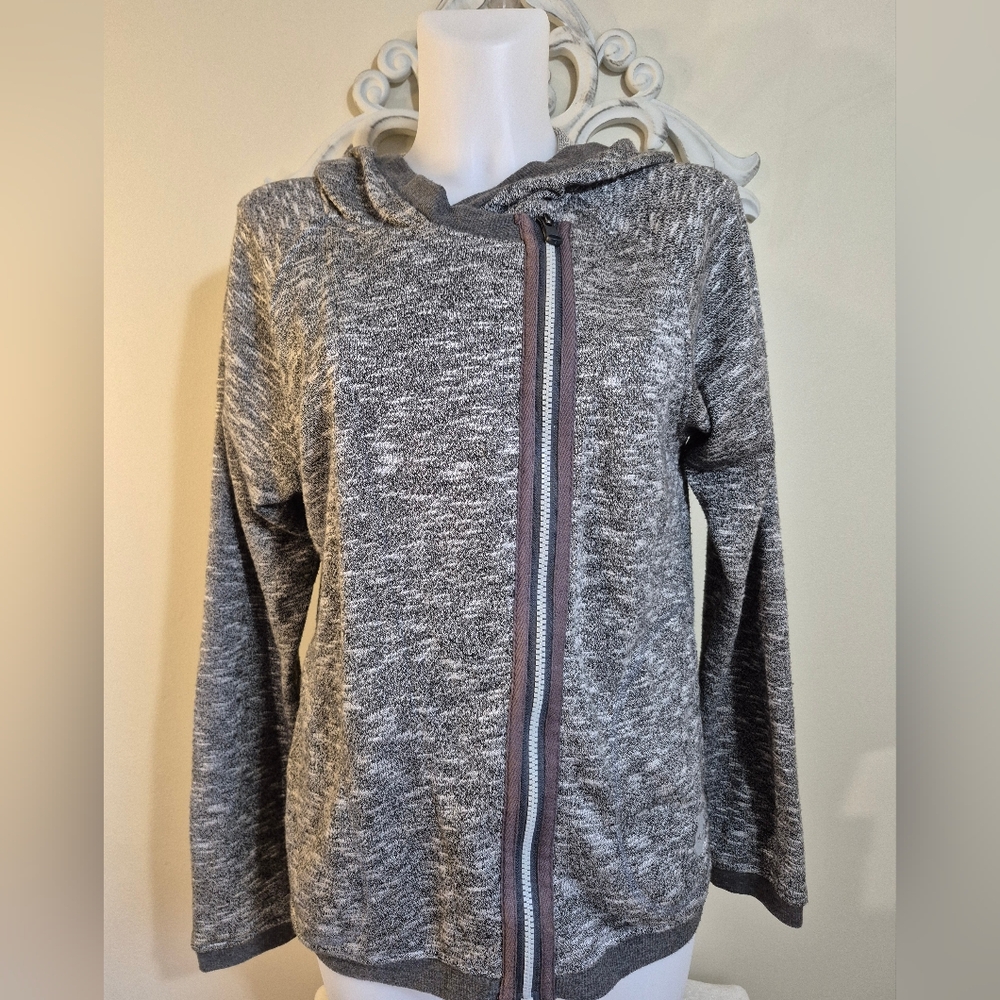 ROXY Hoddie Zip Up Light Weight Sweater Grey Off Set Zipper